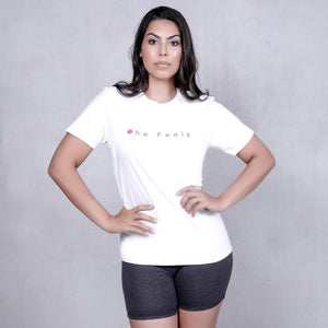 Open image in slideshow, Kim Kardashian look a like modelling wearing Womens Short Sleeve Casual T-shirt in white with hands on hips
