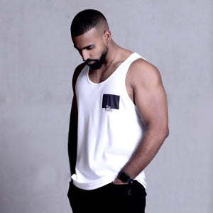 Open image in slideshow, drake look a like modelling wearing Supreme Mens White Muscle Singlet with ying yang design showing off his muscles
