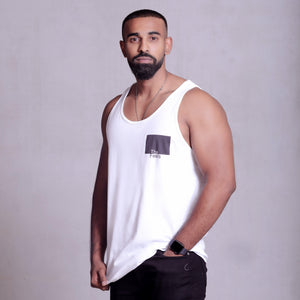 drake look a like modelling wearing a Supreme Mens White Muscle Singlet with a ying yang design showing off his muscles