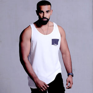 drake look a like modelling wearing Supreme Mens White Muscle Singlet with a ying yang design showing off his muscles