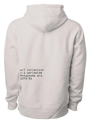 White Embroidered Fleece Hoodie with black print on lower left back side