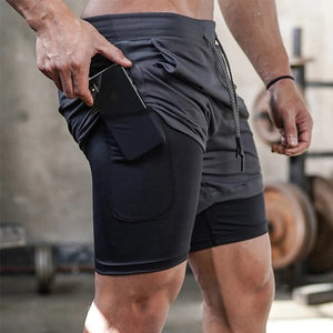 Mens Iron City Double Layer Jogger 2 in 1 Shorts Fitness Built-in pocket